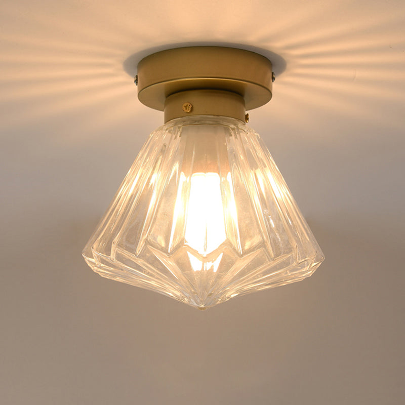 Modern Brass Flush Ceiling Light With Ribbed Glass - 1 Bulb Kitchen Lamp Gold
