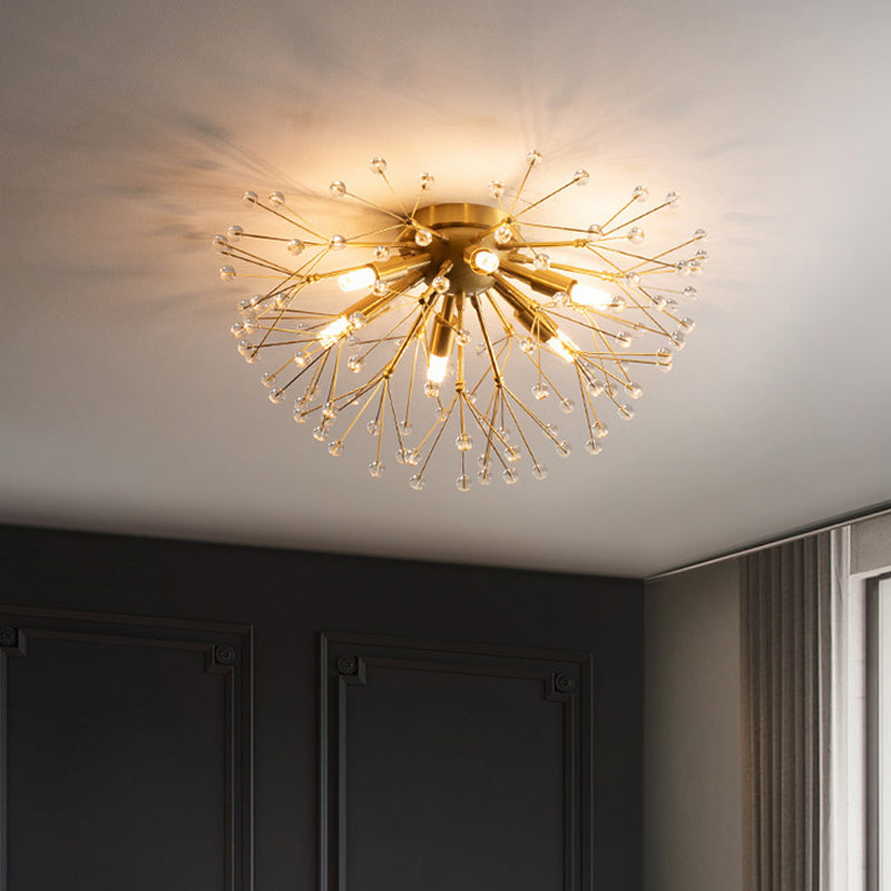 Modernist Metallic Dandelion Flushmount Light In Brass With 3/4/6 Bulbs