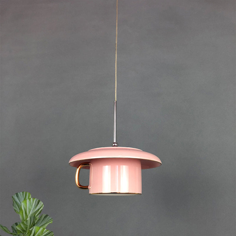 Macaron Ceramic Led Pendant Lamp - Coffee-Cup Shape Down Lighting 1 Bulb White/Pink/Grey Designs For