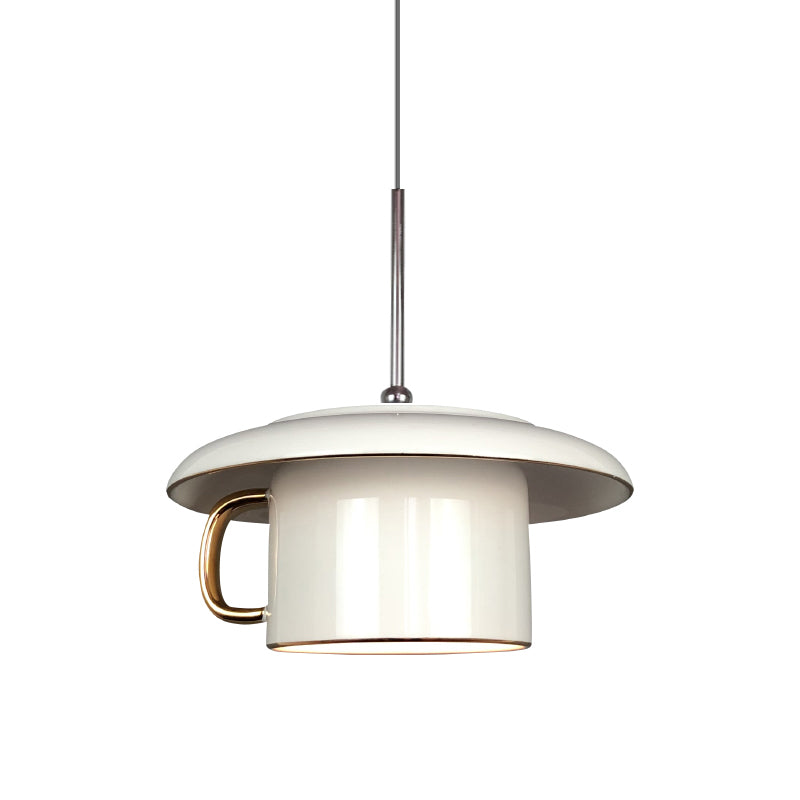 Macaron Ceramic Led Pendant Lamp - Coffee-Cup Shape Down Lighting 1 Bulb White/Pink/Grey Designs For