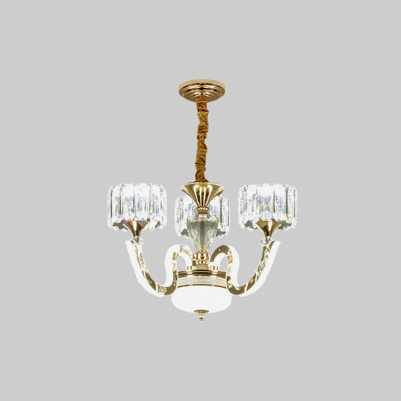 Modern Gold Drum Chandelier With Crystal Block Design - Led Ceiling Lamp For Living Room