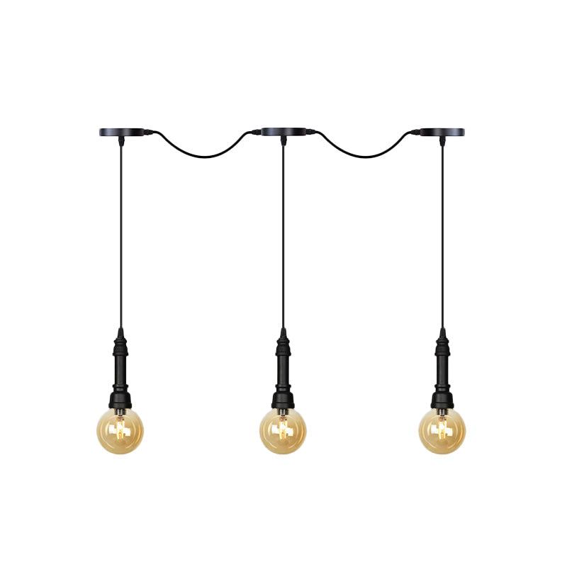 Vintage Amber Glass Ball Pendant Light - Tandem Led Ceiling Lamp In Black (3/5/7-Light)