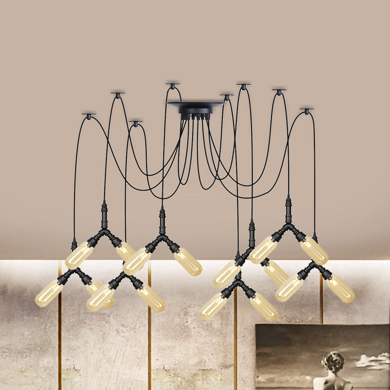 Industrial Amber Glass Swag Led Ceiling Lamp With Multiple Heads And Capsule Design In Black