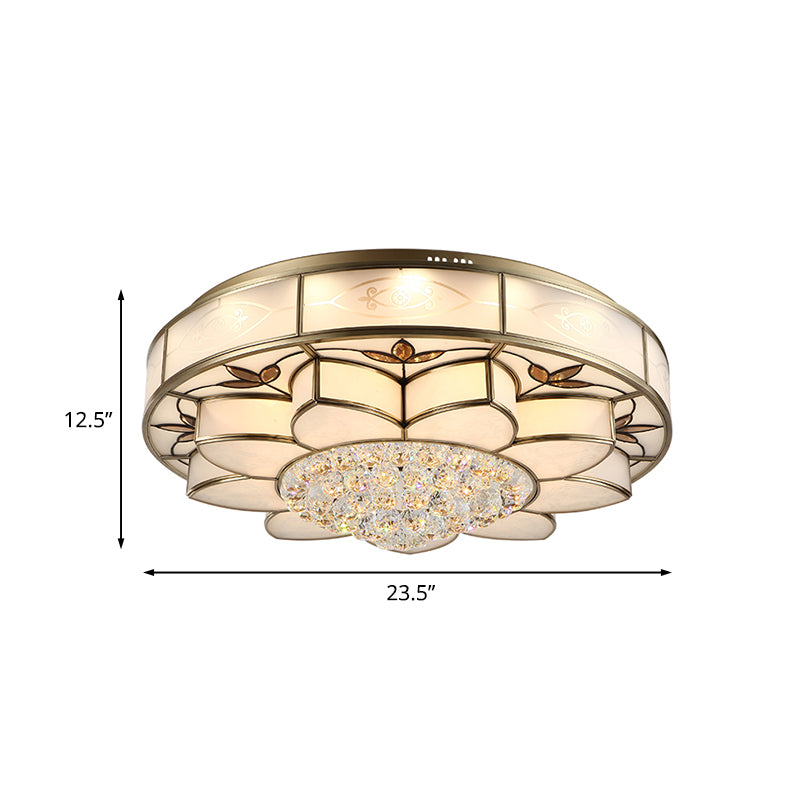 Contemporary Blossom Flushmount Lighting With Crystal Drop - 7-Light Frosted Glass Ceiling Flush