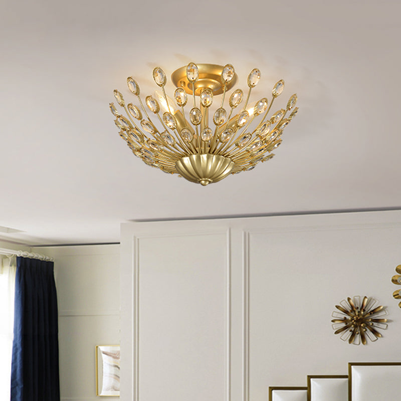 Vintage Crystal Bowl Semi-Flush Ceiling Lamp With Gold Finish For Bedroom - 3 Bulbs