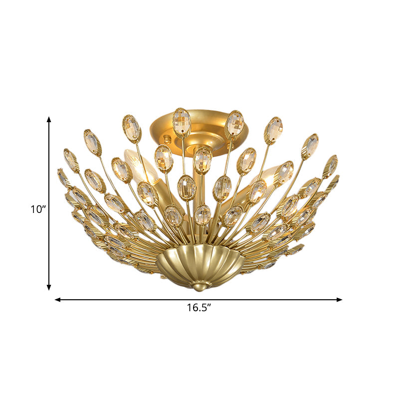 Vintage Crystal Bowl Semi-Flush Ceiling Lamp With Gold Finish For Bedroom - 3 Bulbs