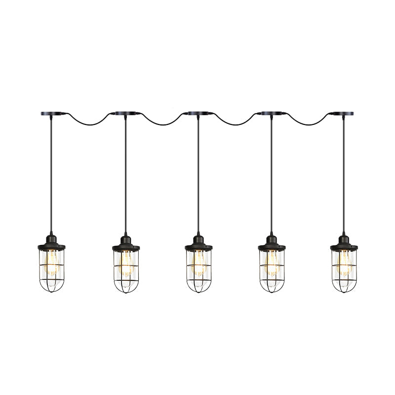 Black Multi-Light Chandelier | Farmhouse Style Clear Glass Cage Tandem Ceiling Lamp