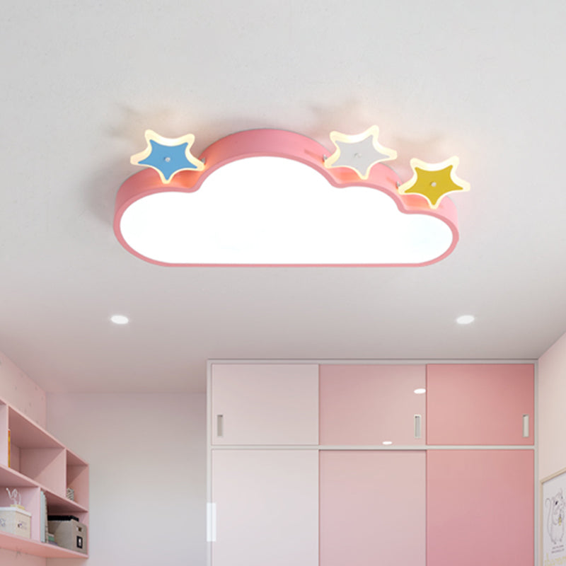 Cartoon Pink/Blue Led Cloud-With-Star Flushmount Ceiling Light For Childrens Room