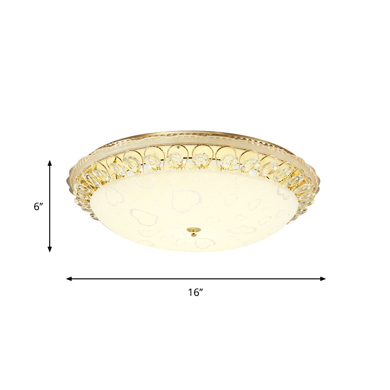 Frosted Glass Gold Ceiling Lamp - Domed Led Flush Light With Crystal Accent (16’/19.5’ Wide)