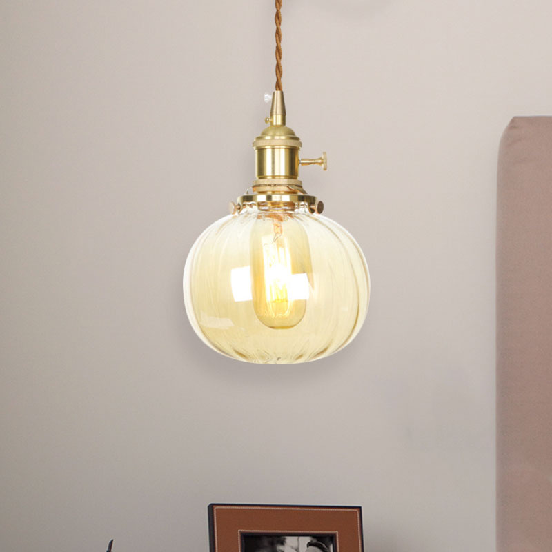 Amber Glass Melon Pendant Lamp: Retro Vintage Hanging Fixture For Dining Room