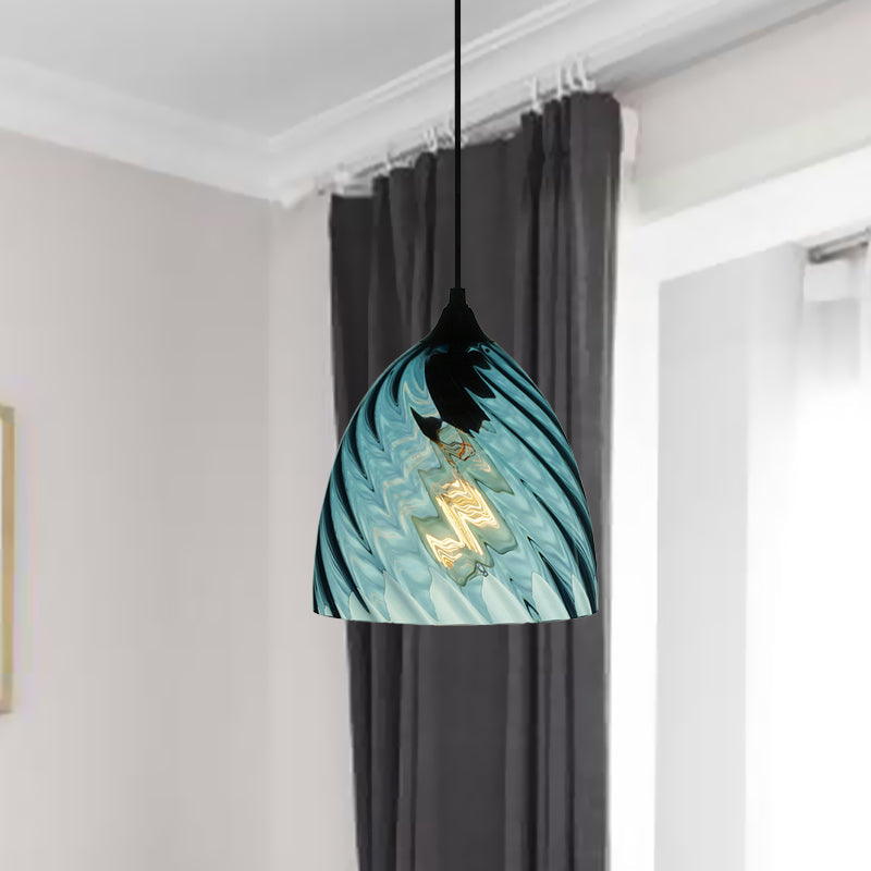 Modern Blue Glass Pendant Light With Unique Lattice Design And Black Ceiling Mount