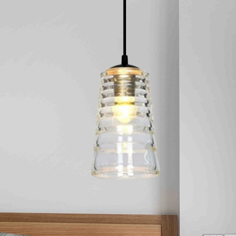 Modernist Clear Ruffle Glass Pendant Lamp - Cone/Dome/Flared Design 1-Light Black Ceiling Hanging