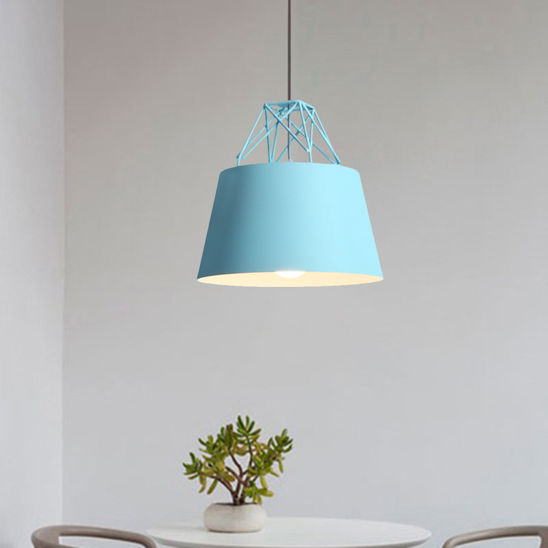 Metallic Bucket Shade Pendant Light - Restaurant Cage 1 Head Hanging Lamp With Iron Wire [Macaron