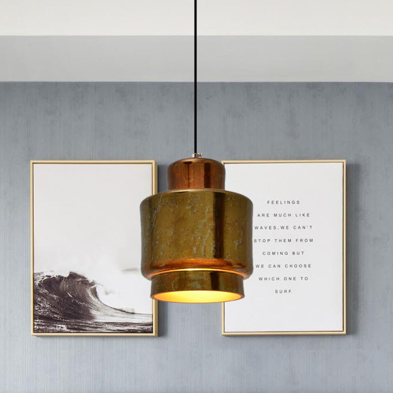 1-Light Brass Finish Hanging Pendant Light With Vintage Style Shade - Ideal For Restaurants