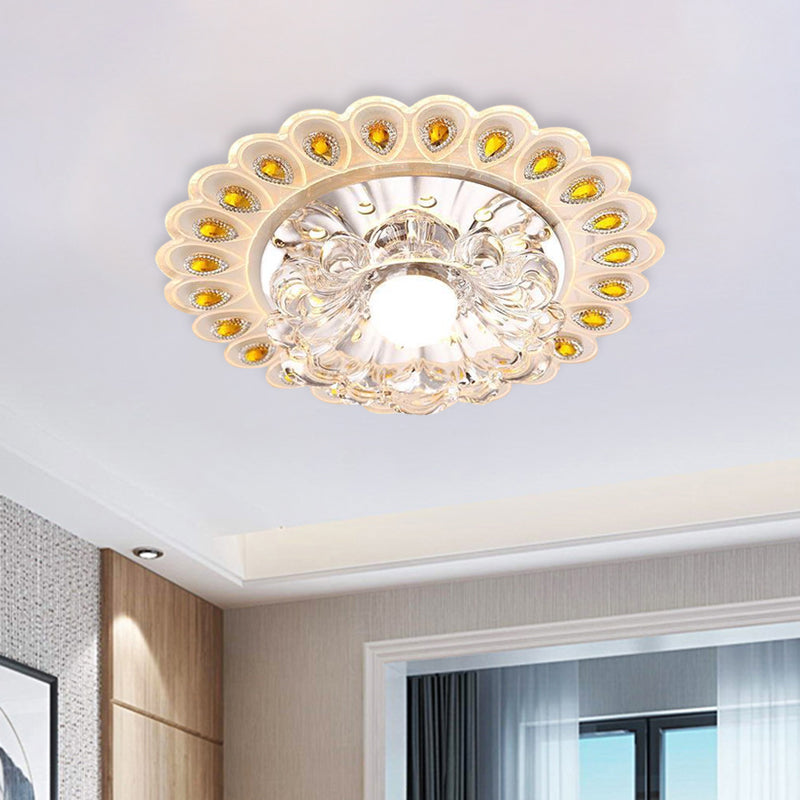Romantic Led Floral Flush Mount Ceiling Light With Clear Crystal And Peacock Feather Accent
