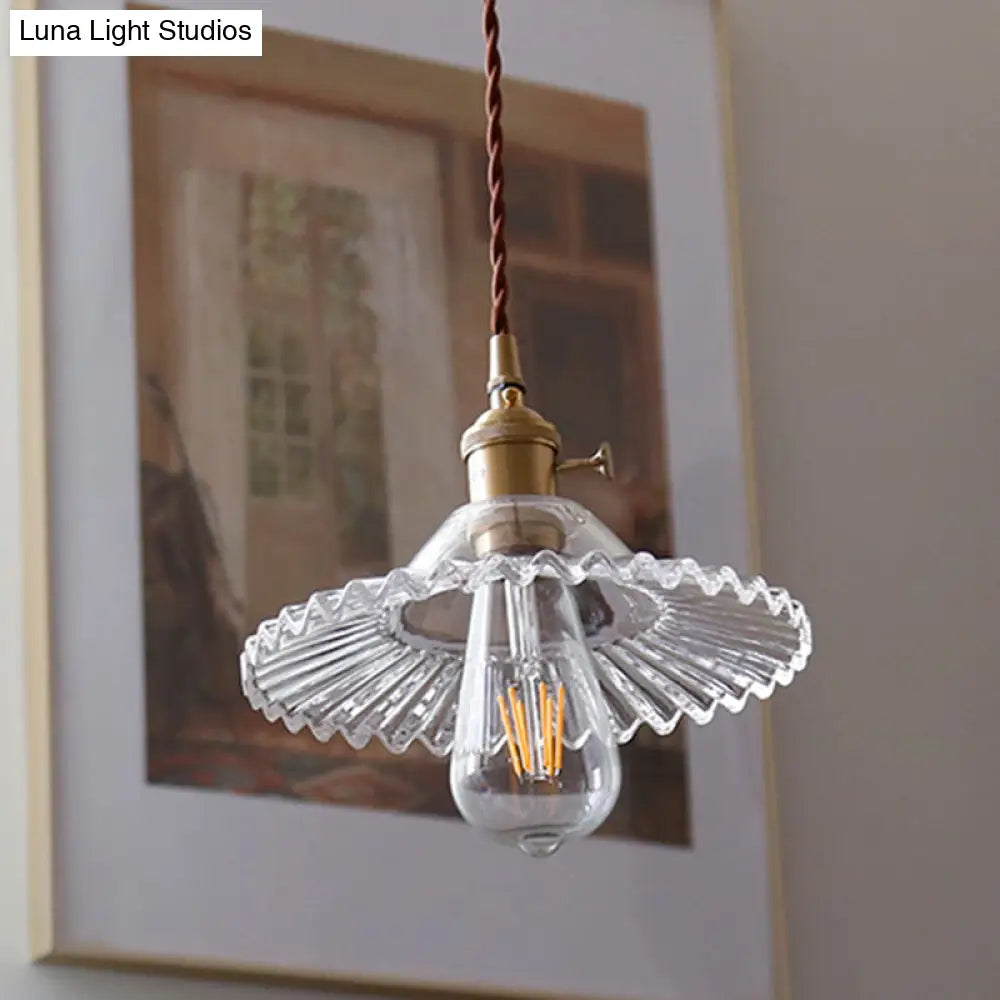 8.66 Industrial Brass Pendant Light With Scalloped Glass Shade For Coffee Shop