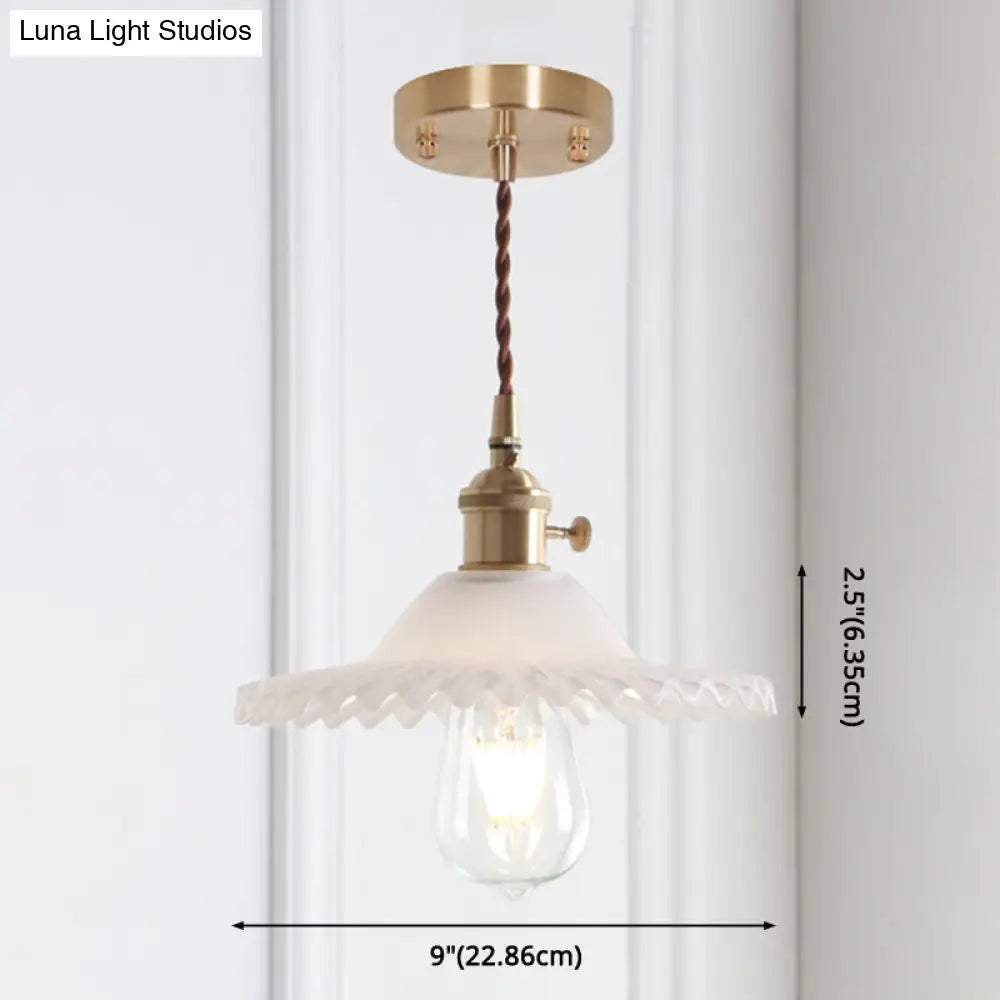 8.66 Industrial Brass Pendant Light With Scalloped Glass Shade For Coffee Shop