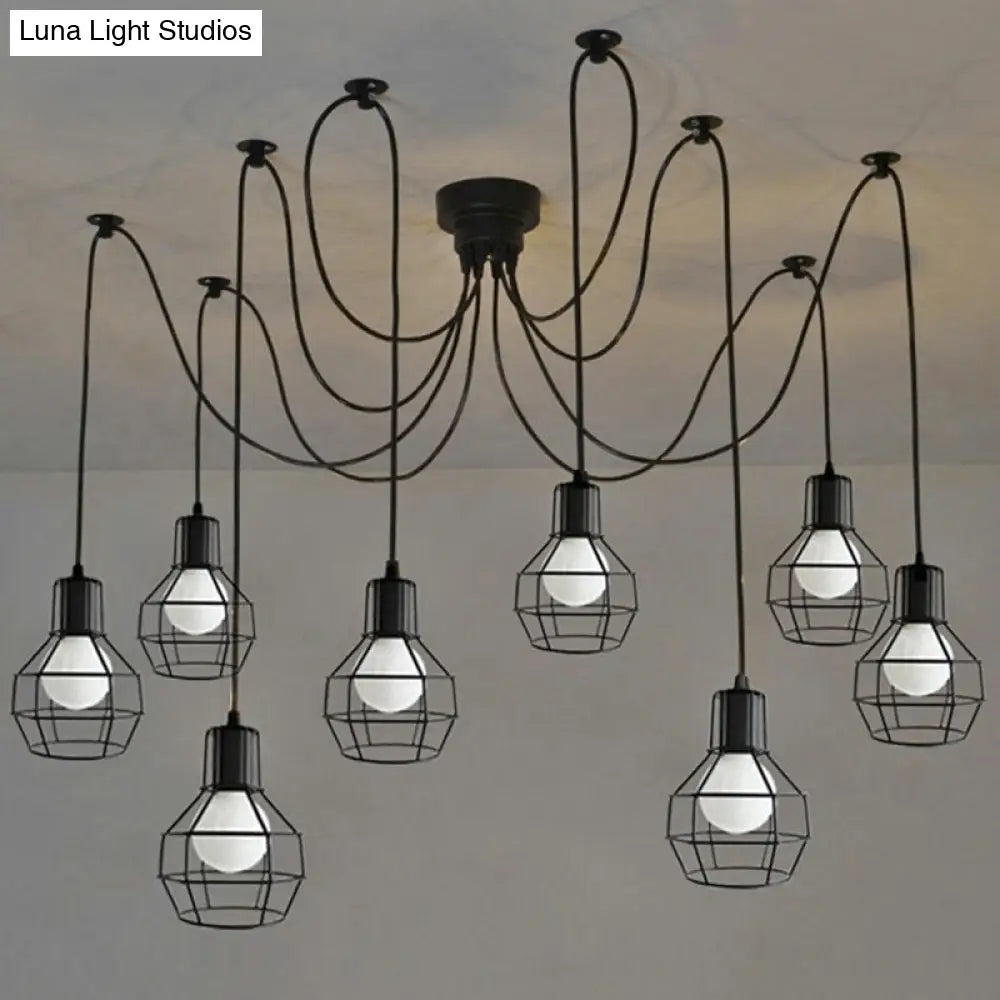 8-Head Black Iron Industrial Pendant Light With Ball Cage Swag Design For Living Room