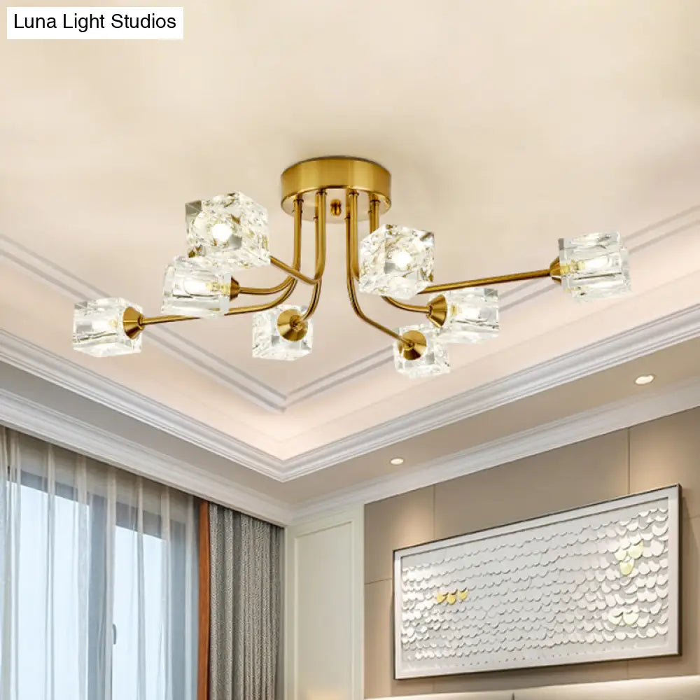 8 - Head Cubic Crystal Ceiling Light Fixture In Gold - Postmodern Curved Arm Semi Flush Mount