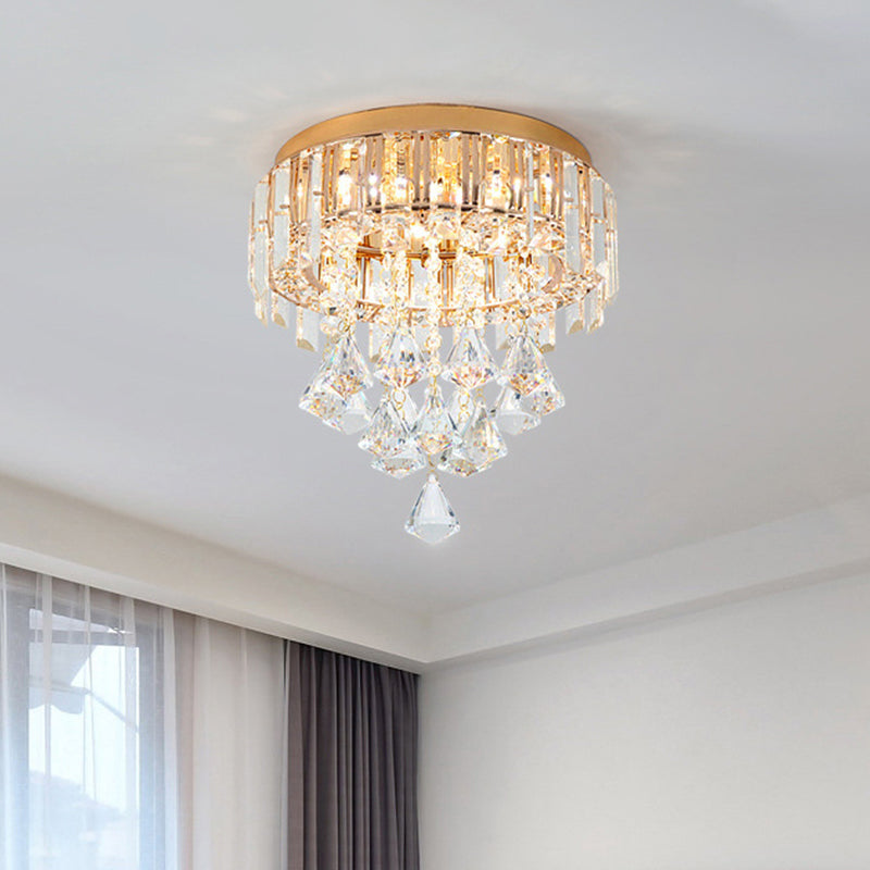 Contemporary Gold Circle K9 Crystal Ceiling Flushmount With Drape 3 Heads