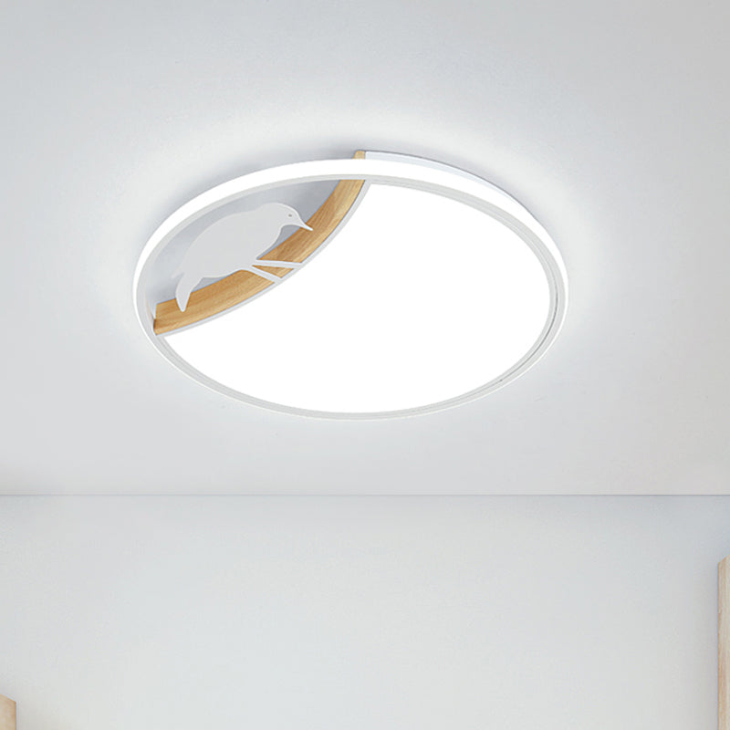 Nordic Round Led Flush Mount With Bird Deco - White/Grey/Green Acrylic Fixture