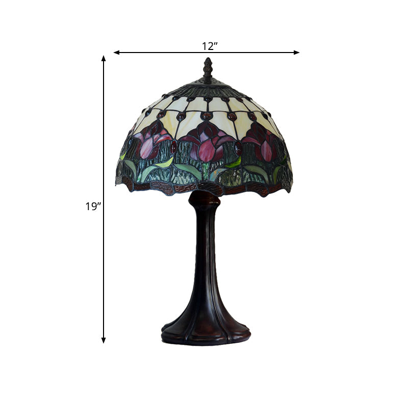 Tiffany Style Stained Glass Night Lamp - Flower Patterned Table Light Bronze Finish