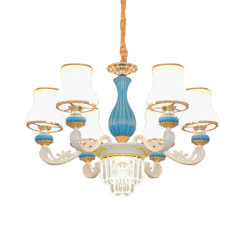 Contemporary Blue And White Chandelier With Opal Glass Crystal Hangings