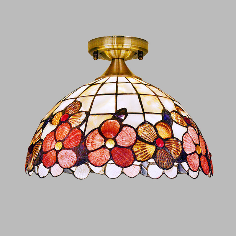 Brass Flushmount Tiffany Flower-Edge Shell Ceiling Light - 1-Light Bowl Fixture