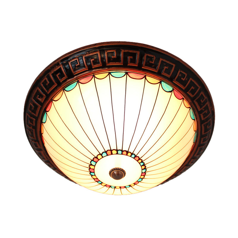 Bronze 2-Bulb Baroque White Glass Dome Ceiling Flush Mount With Scalloped Edge
