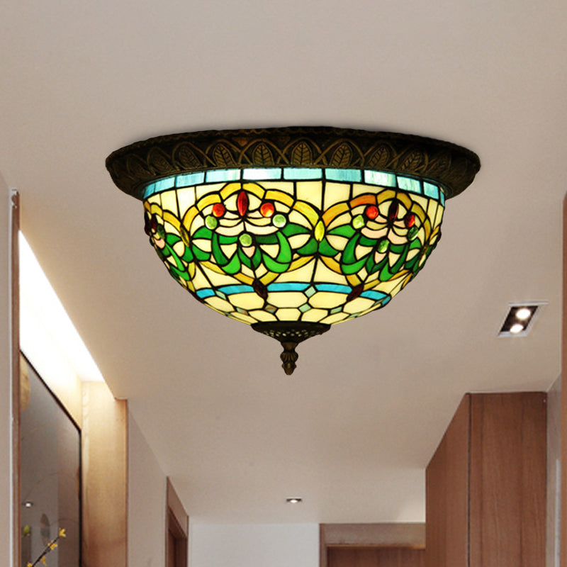 Tiffany Bronze Flush Mount 2-Bulb Corridor Ceiling Lamp With Stained Glass Shade