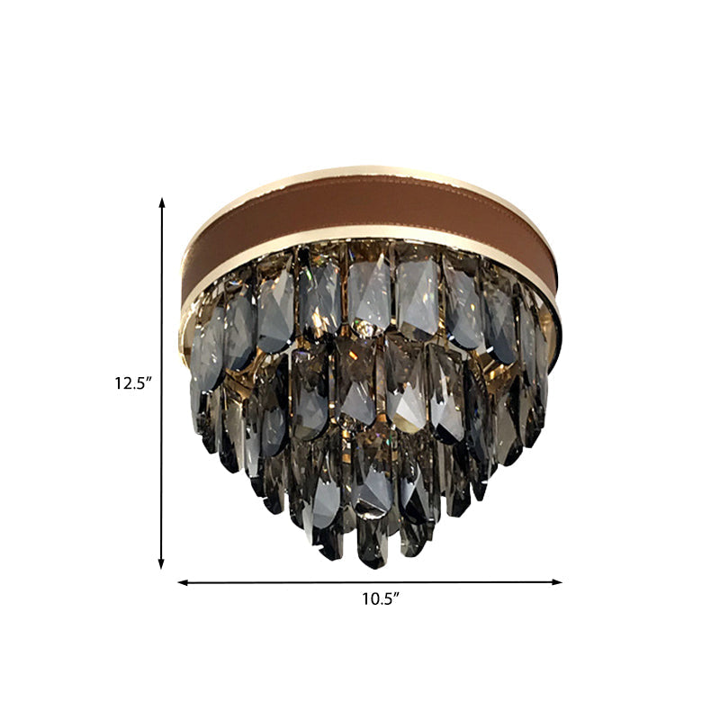 Smoke Gray Crystal Tiered Flush Mount Lamp - 6 Bulbs Modern Living Room Ceiling Light