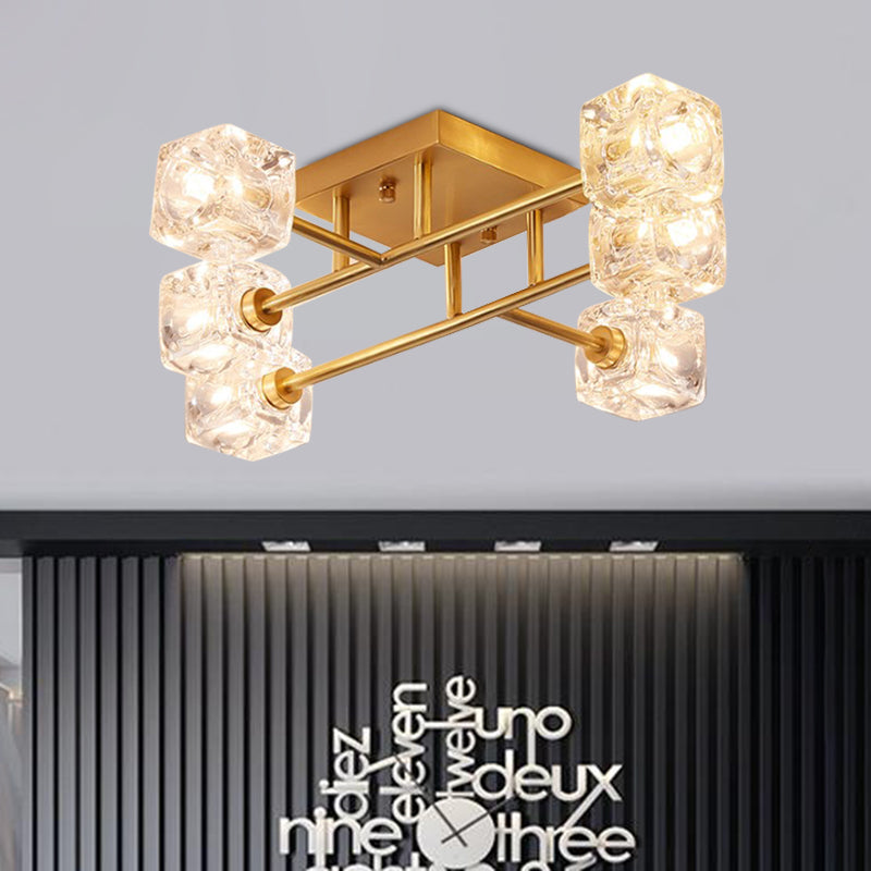 Brass Semi Flush Crystal Bedroom Ceiling Light - Contemporary Square Design 4/6 Fixture