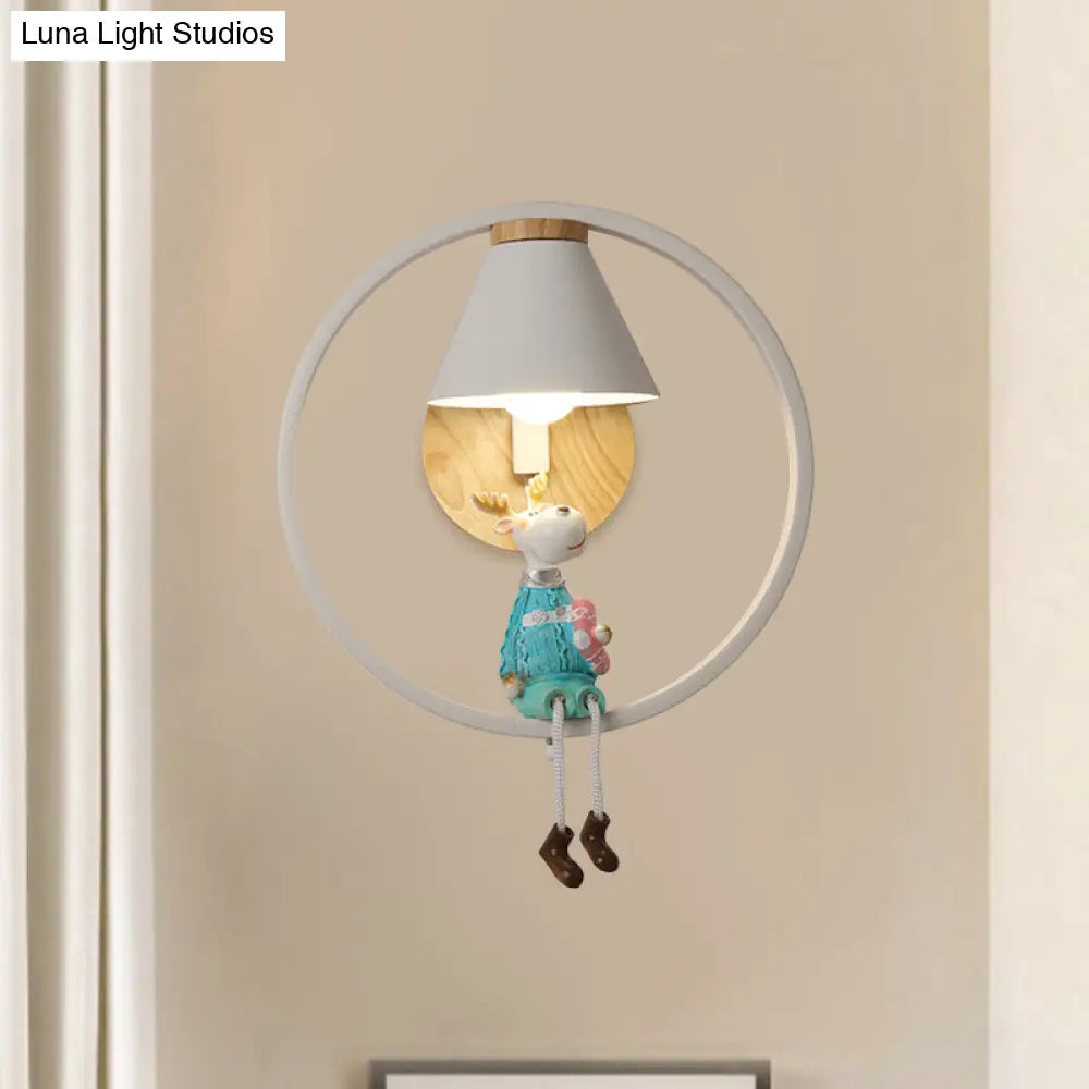 Adorable Deer/Angel Girl Wall Light: Cartoon Metal 1-Light Pink/Blue Lighting With Fabric Shade