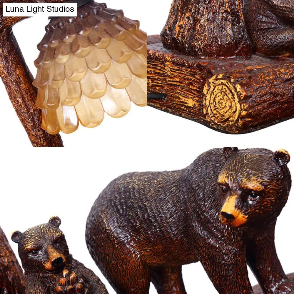 Amber Glass Bear Table Light - Brown Pinecone Bedroom Task Lamp