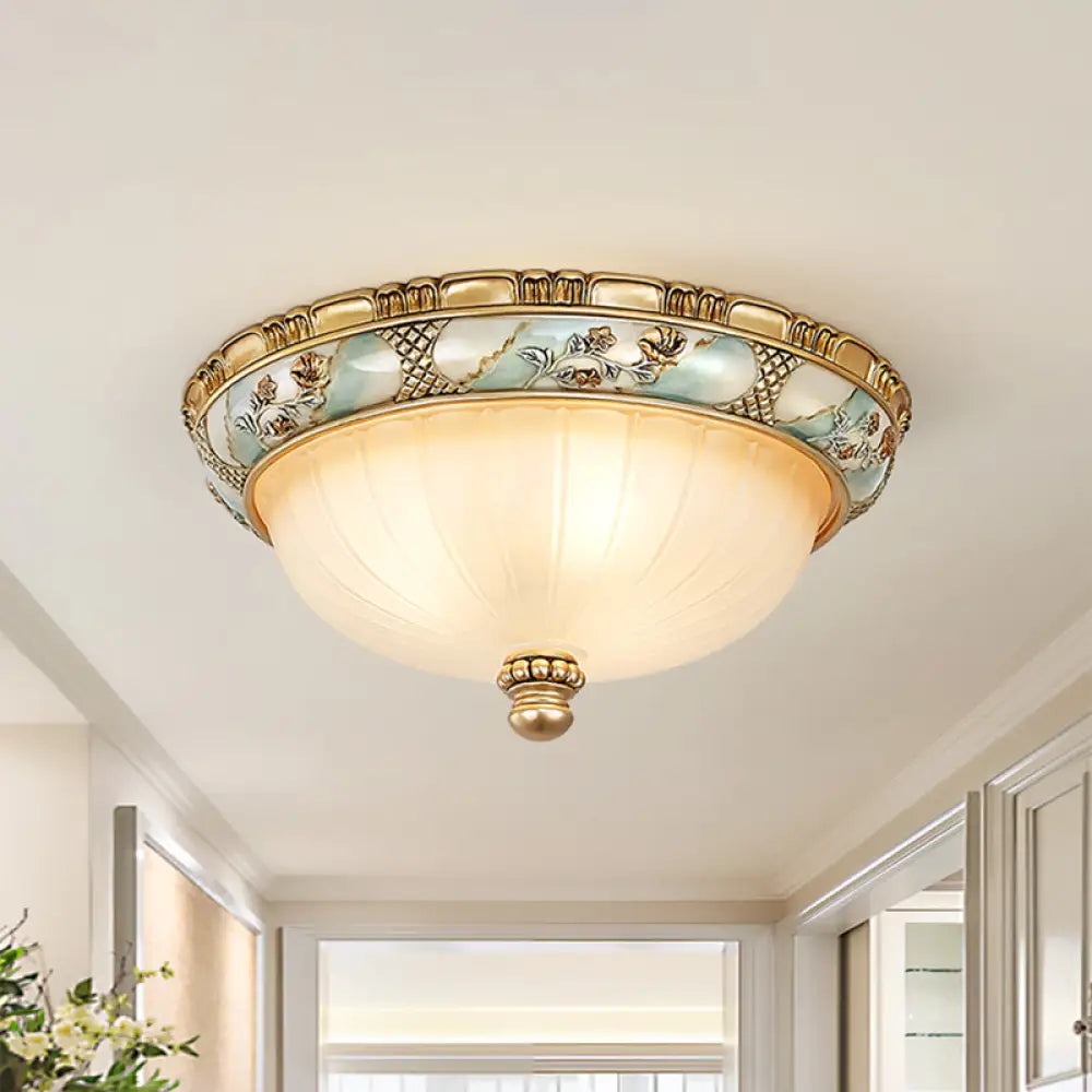 Amber Glass Flush Mount Ceiling Lamp - Traditional Dome Shade 3 Heads 15’/19’ Width Gold Finish