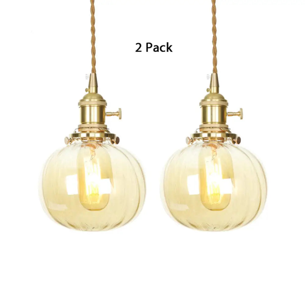 Amber Glass Retro Vintage Pendant Lamp - Melon Shape Dining Room Décor / 2