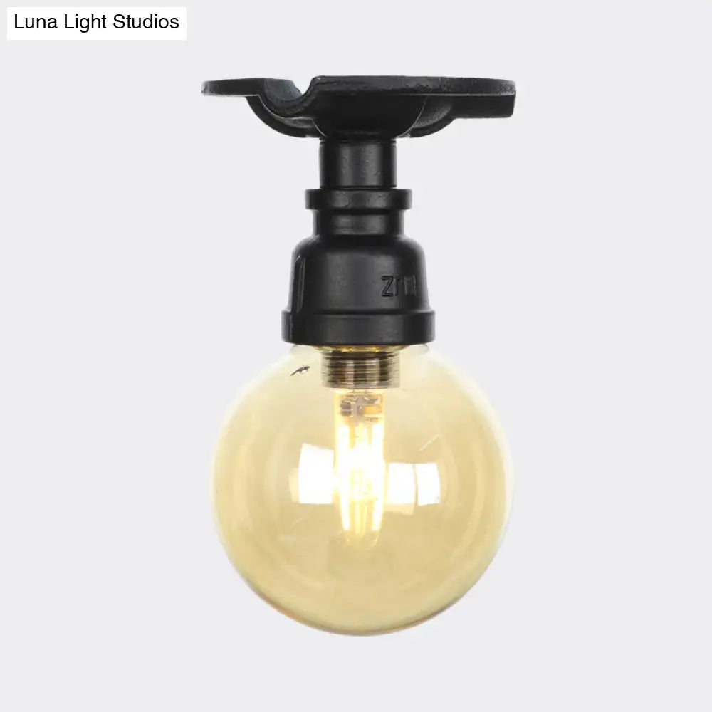 Amber Glass Semi Flush Industrial Ceiling Lamp - Global Black Finish