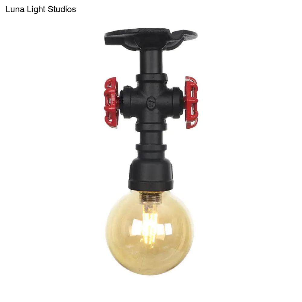 Amber Glass Semi Flush Industrial Ceiling Lamp - Global Black Finish