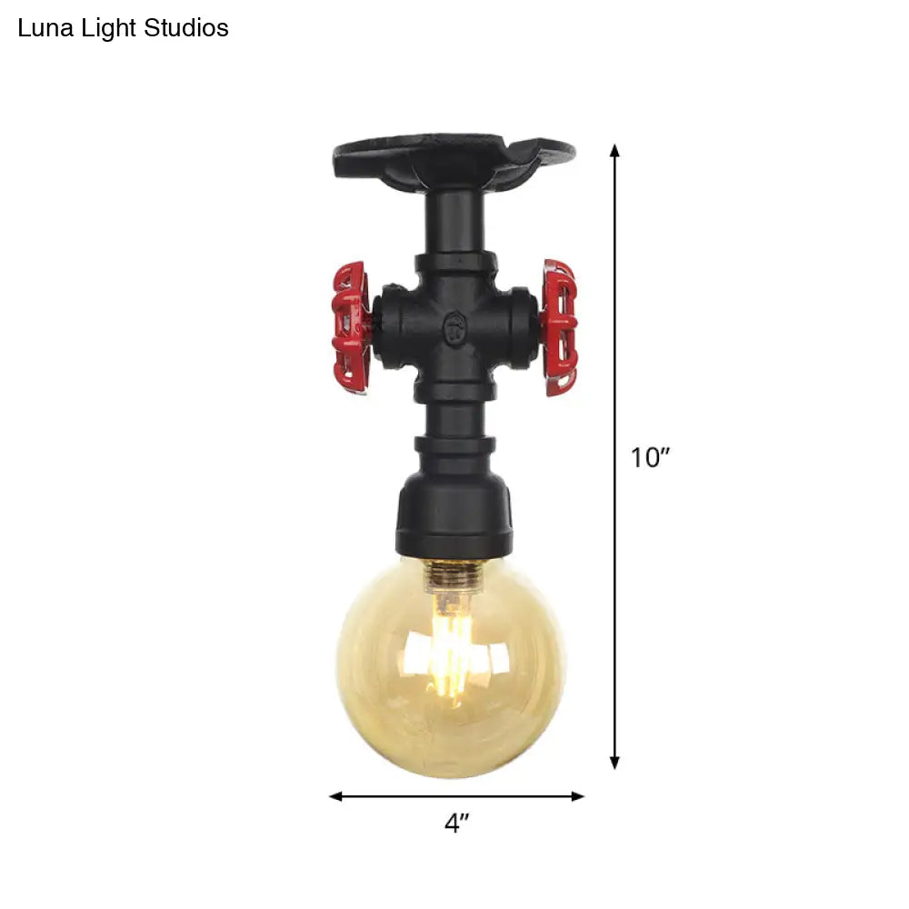 Amber Glass Semi Flush Industrial Ceiling Lamp - Global Black Finish
