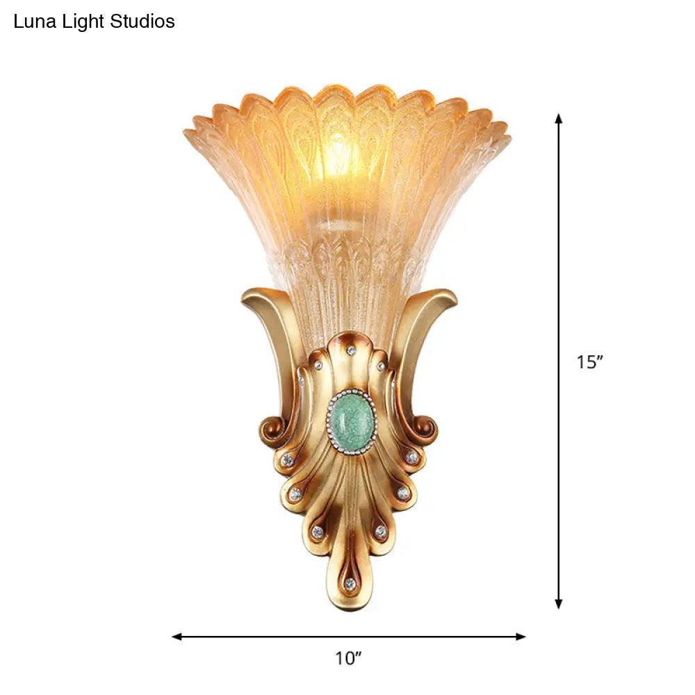 Amber Ribbed Glass Wall Sconce - Loft Style 1-Bulb Gold Lighting