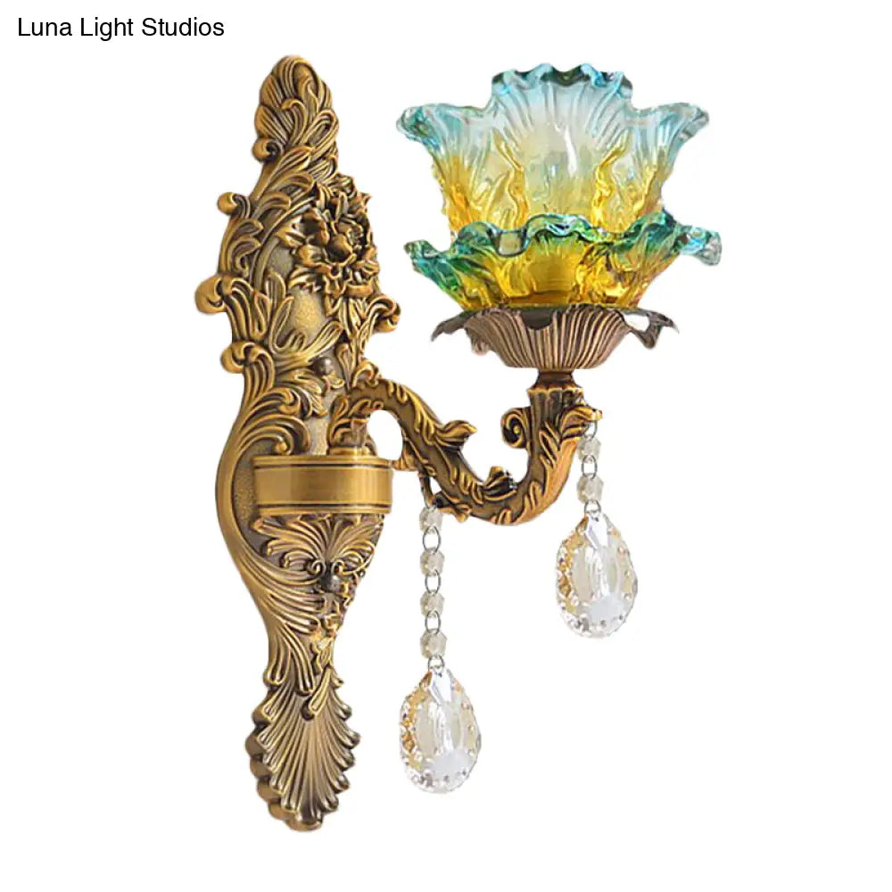 Antique Blue And Yellow Gradient Glass Wall Sconce Light With Brass Carved Arm