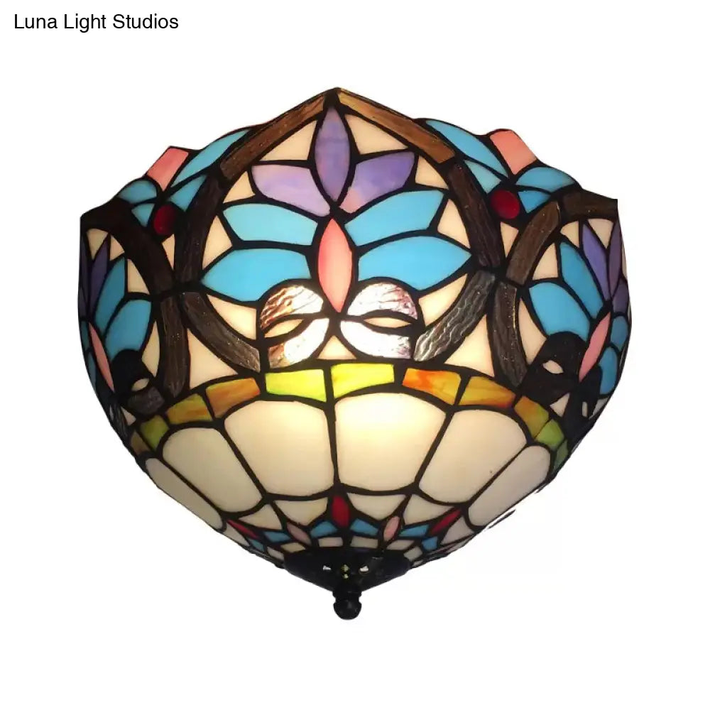 Antique Brass Floral Stained Glass Ceiling Light - Victorian Style Flush Mount Fixture For Living