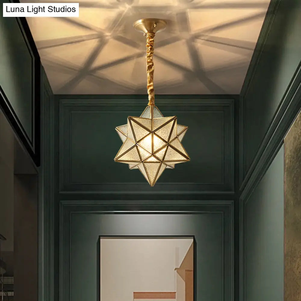 Antique Brass Star Shade Glass Pendant Lamp - Vintage Hanging Light For Hallway With Adjustable