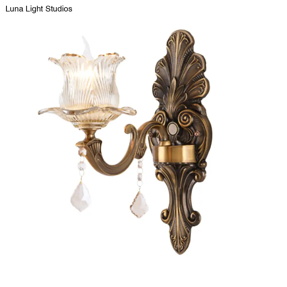 Antique Brass Wall Lamp: Single Mounted Bedside Light With Flower Shade & Clear Prismatic Glass