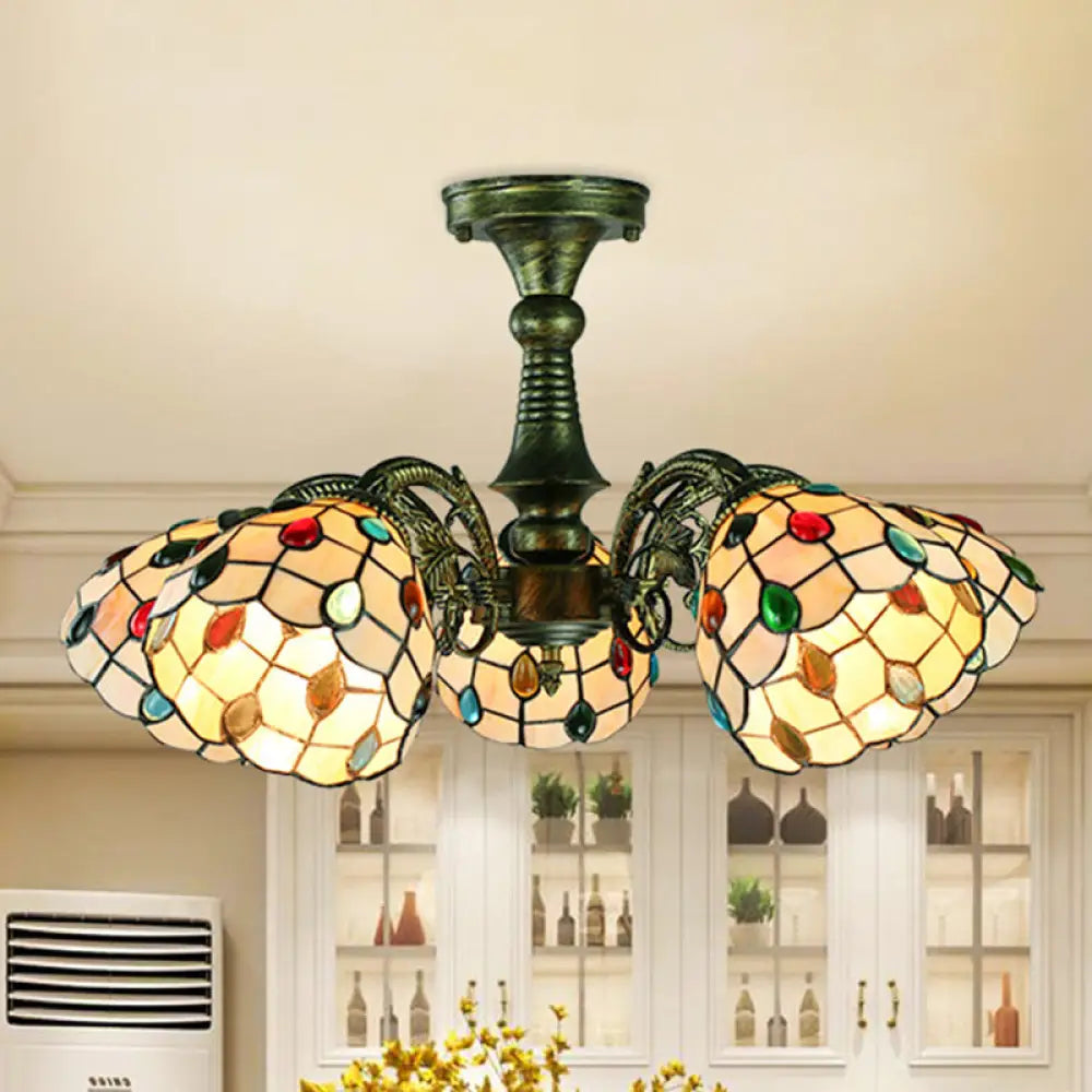 Antique Bronze Stained Glass Pendant Lighting: Leaf/Peacock Tail/Flower Tiffany Style 3/5 Lights 5