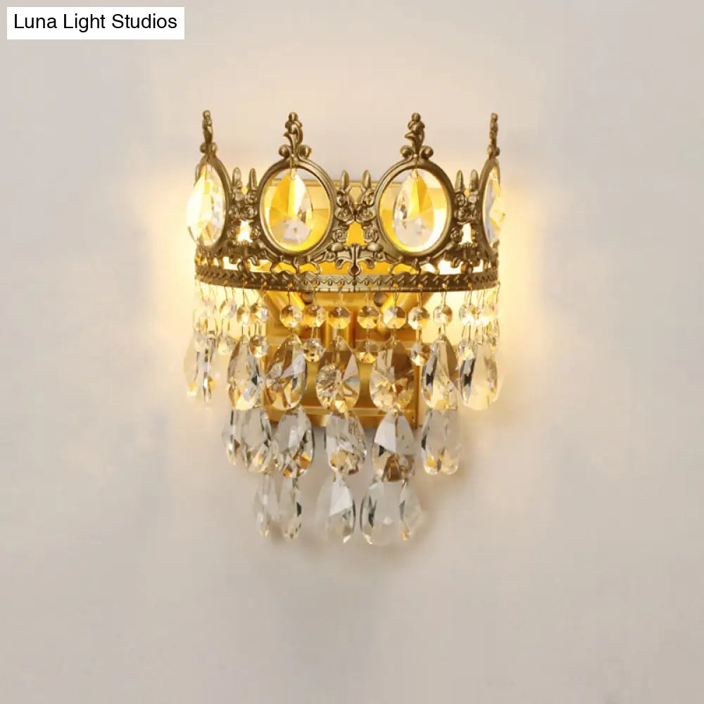Antique Gold Crown Living Room Wall Light With Teardrop Crystal Accents - 3-Bulb Metal Sconce