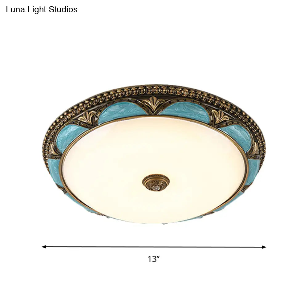 Antique - Style Blue Floral Ceiling Lamp - Cream Glass Led Bedroom Flush Mount