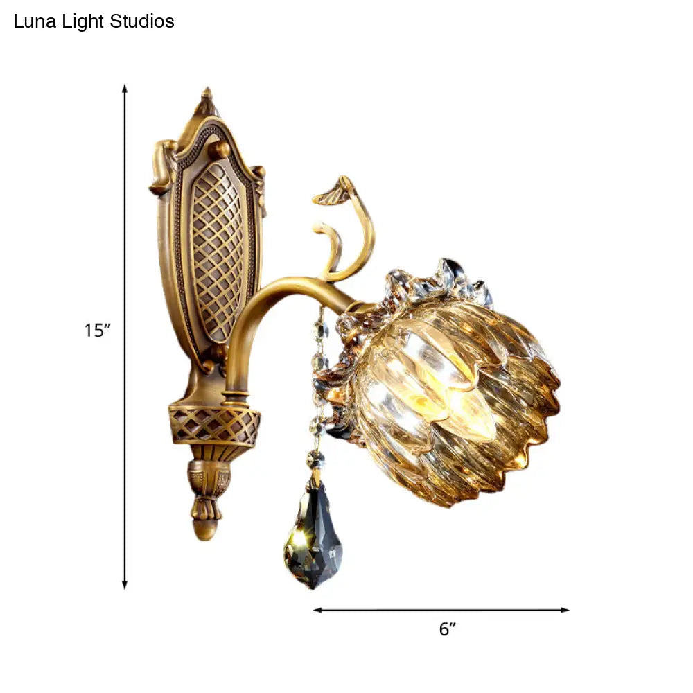 Antique Style Brass Lotus Wall Sconce - Amber Glass Sitting Room Lighting