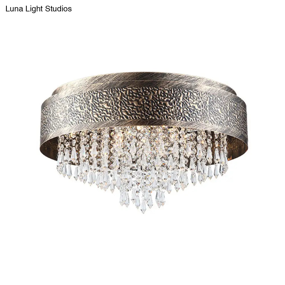 Antique Style Bronze Drum Flush Lamp With Crystal Accent 5/9 Light Iron Mount Ceiling -