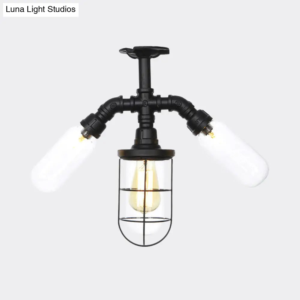 Antique Style Semi-Flush Ceiling Light - Clear Glass Flush Mounted Lamp With Cage In Black 3 Bulbs
